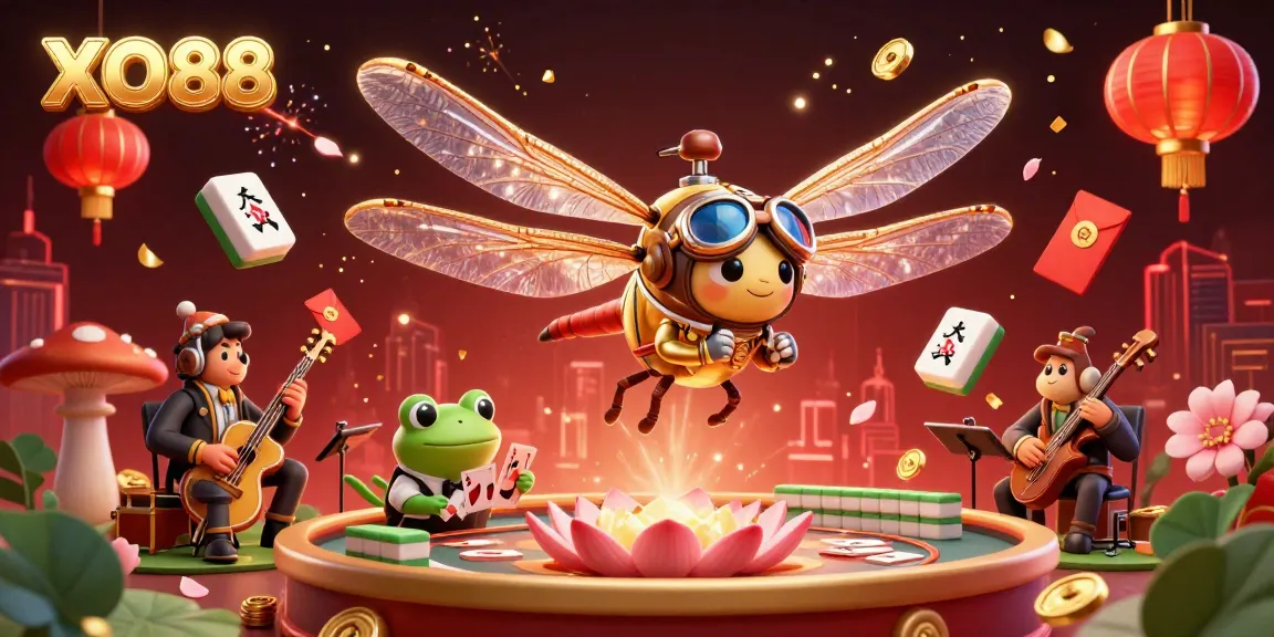 Engage with the exciting world of XO88 casino, showcasing a lively digital illustration of a dragonfly pilot above a lily pad casino.