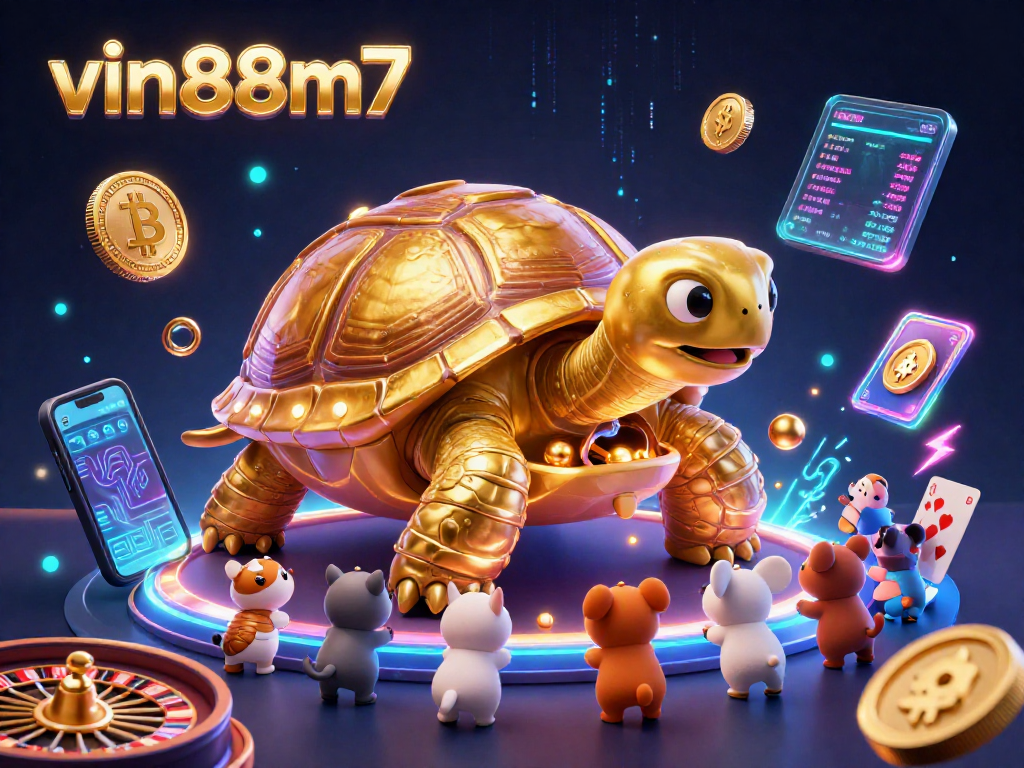 Experience thrilling gaming with vin88m7, featuring a vibrant 3D illustration of a colossal tortoise casino with energetic characters.