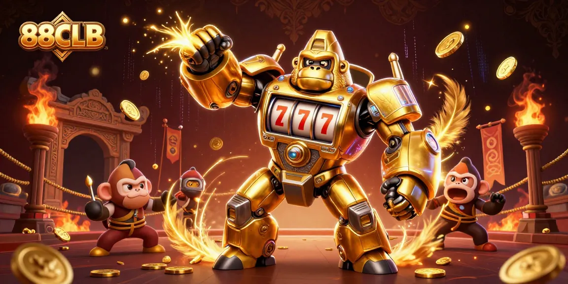 Experience dynamic gaming with 88CLB's vibrant golden gorilla mech illustration bursting with coins.