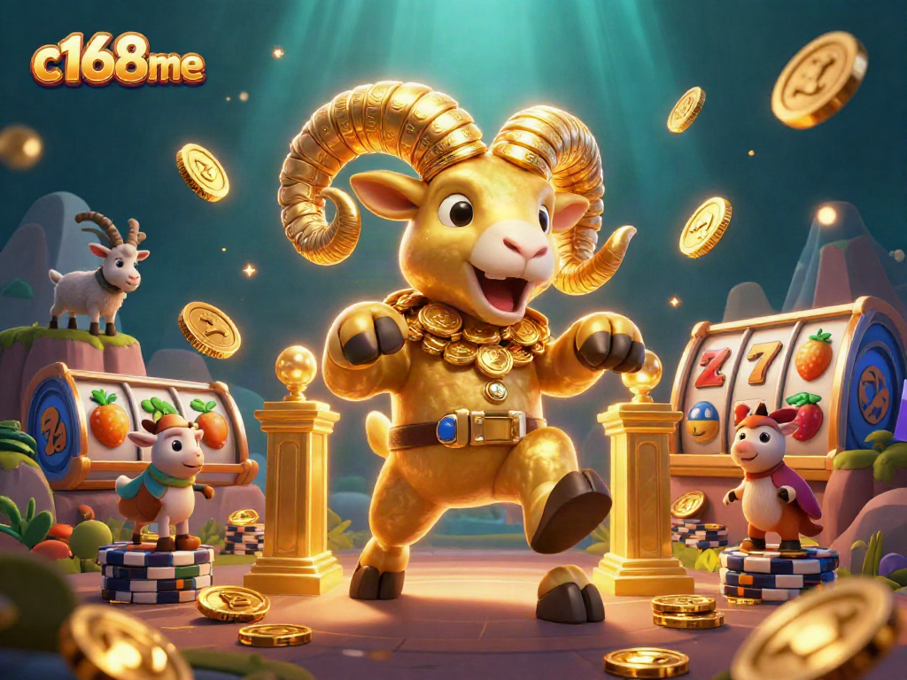 c168me showcases a golden ram charging through a vibrant casino scene filled with slot symbols and golden coins.