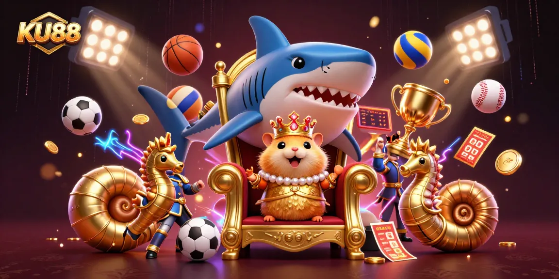 KU88 showcases a triumphant hamster king among vibrant sports elements in a dazzling casino scene