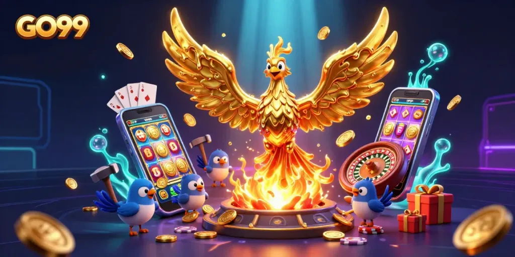 Experience the thrill of GO99, where golden phoenixes and slot games meet in a vibrant casino scene.