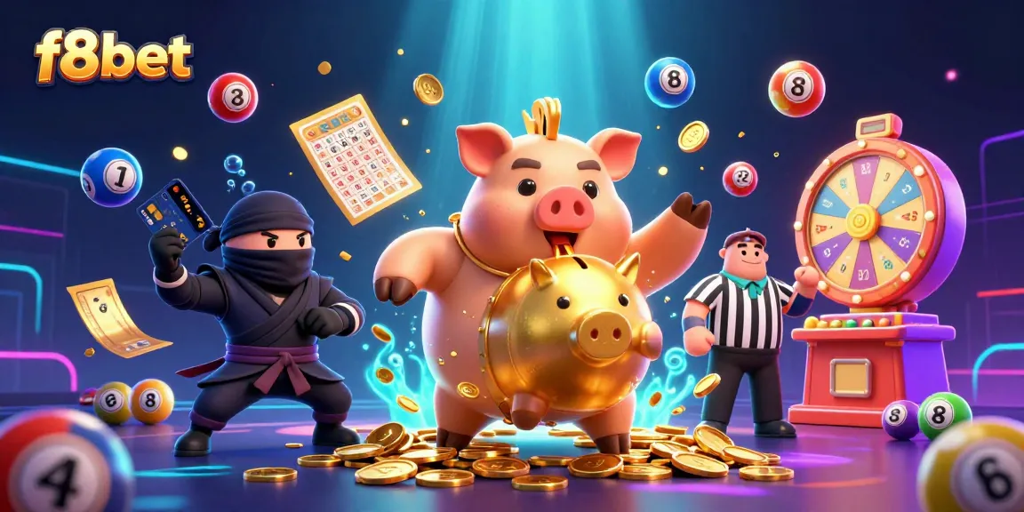 Engage with f8bet's dynamic gaming action featuring a piggy bank sumo wrestler, ninja, and vibrant lottery elements.
