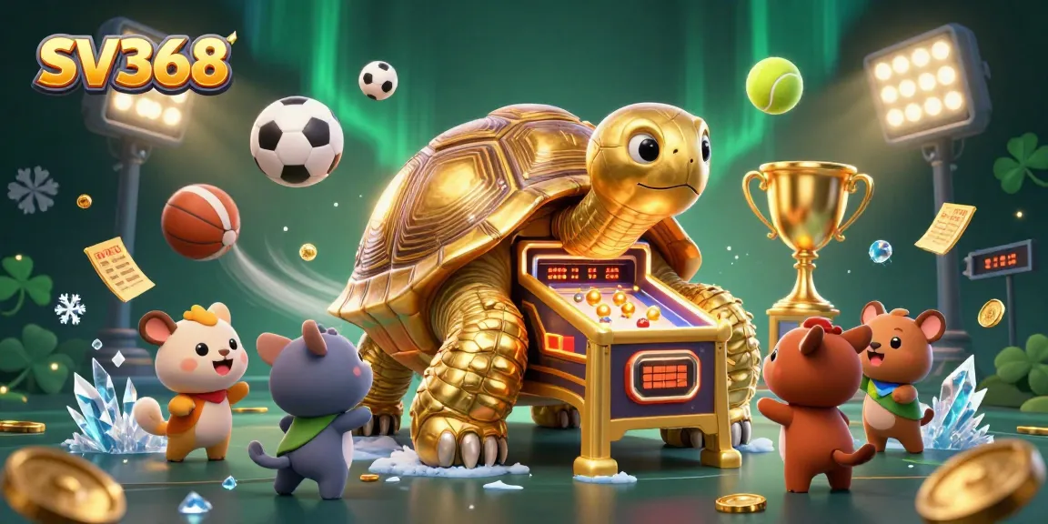 Engage with SV368's thrilling experience featuring a dynamic 3D casino scene with vibrant characters and sports elements.