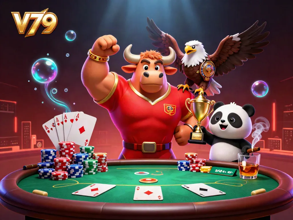 V79 casino features exciting gameplay with the victory bull mascot, eagle champion, and trophy panda in a dynamic scene.