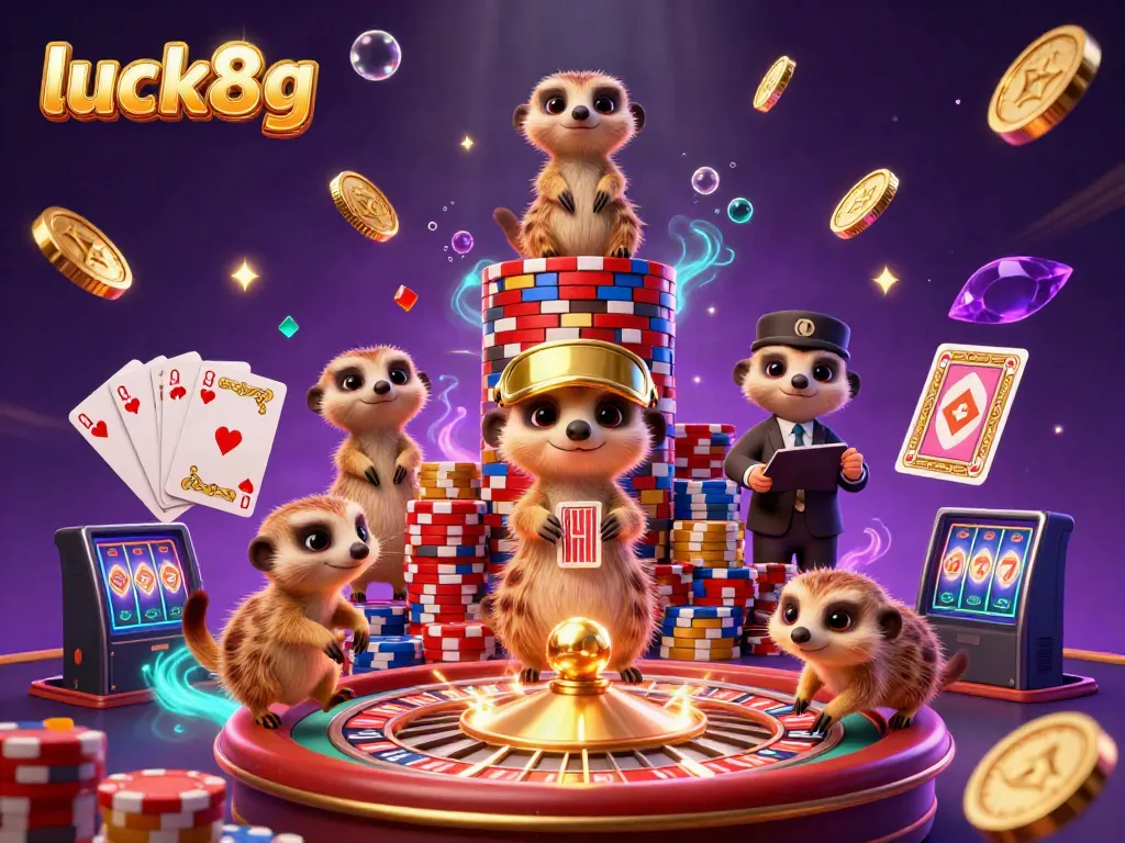 Experience the vibrant luck8g casino scene with cartoon meerkats celebrating amidst golden coins and a roulette wheel.