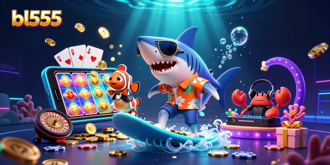 Engage with thrilling gambling action at bl555 with vibrant casino-themed characters amid gold coins and colorful games.