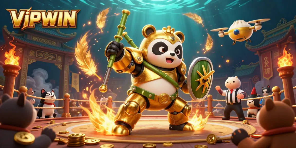 VIPWIN showcases an exhilarating 3D scene with a golden panda in a mech suit engaging in a vibrant casino battle.