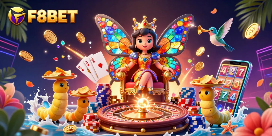 Experience thrilling wins with F8BET's vibrant casino illustration featuring a butterfly queen, chips, and games.
