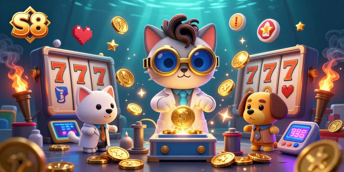 S8 brings thrilling gameplay as a mad scientist cat creates a gold-coin replication machine amidst colorful slots.