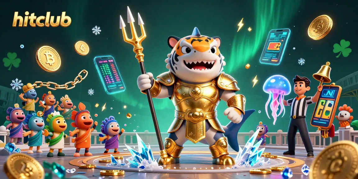 Join the exciting hitclub adventure featuring a tiger shark in gladiator armor amidst vibrant crypto elements and undersea spectacle.