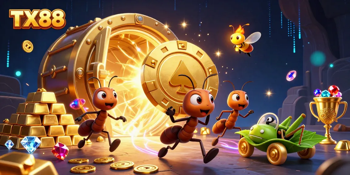TX88 ants executing a casino heist, carrying a giant poker chip amidst treasure in a vibrant scene.