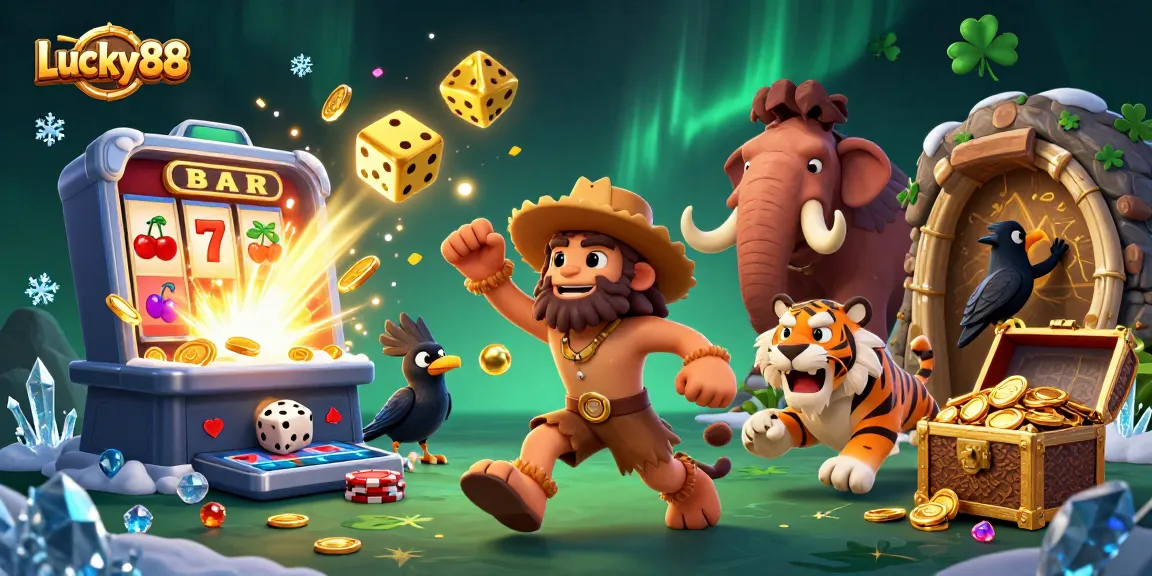 Experience Lucky88 casino thrills with a vibrant 3D illustration featuring engaging characters and dynamic game elements.