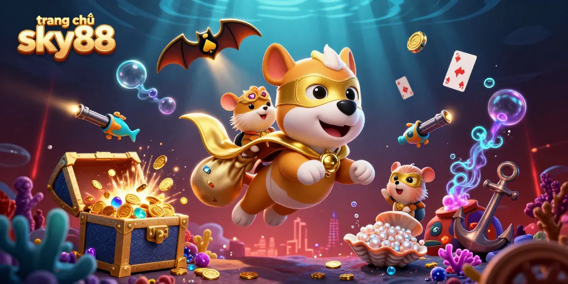 Experience thrilling fun on trang chủ sky88 with a flying superhero dog and hamster amidst vibrant casino elements.
