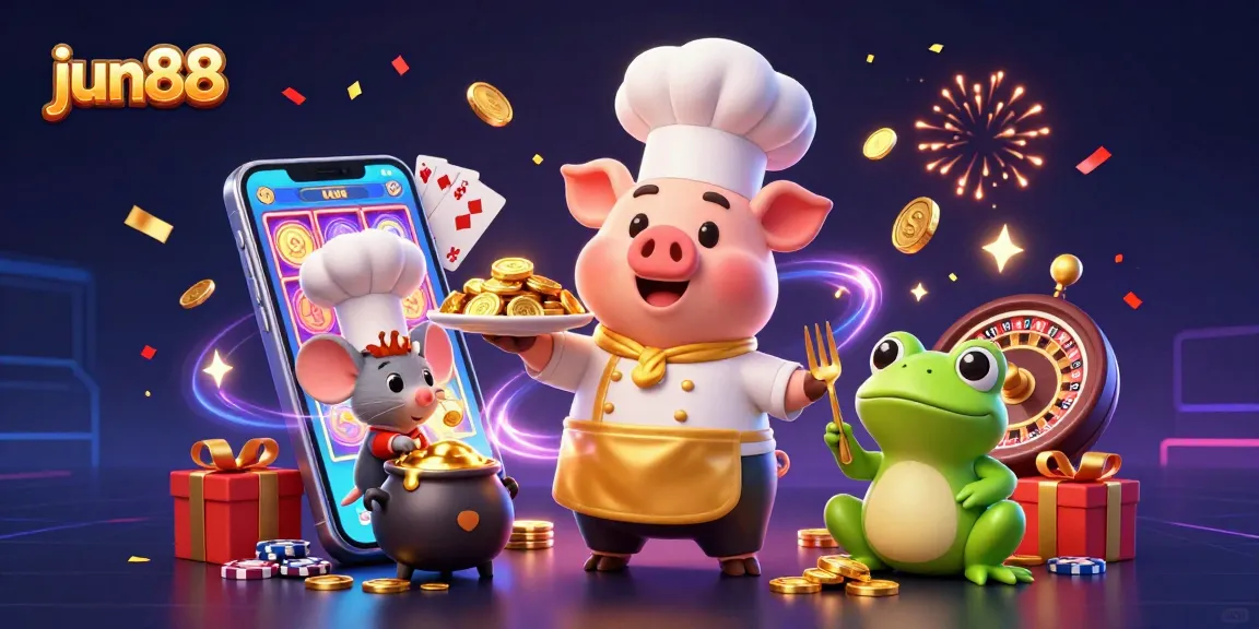 Engage with jun88's vibrant gaming scene featuring a chef pig and gourmet gold coins.