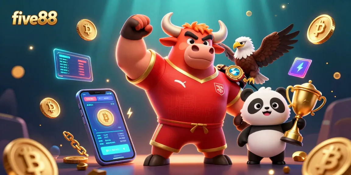 Win big with five88 in this vibrant 3D casino scene featuring dynamic characters and crypto elements.