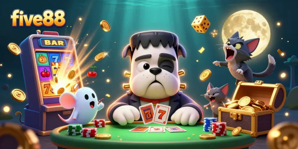 Experience five88's thrilling gaming atmosphere with a vibrant, packed casino scene.