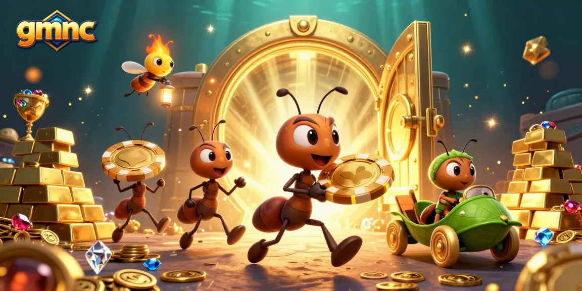 gmnc team of ants heist with golden poker chip among gems and treasures in a lively casino scene