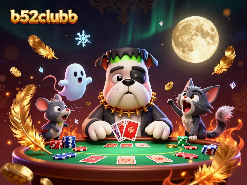 Engaging b52clubb scene with a cartoon bulldog dealer and spooky elements enhancing the gaming experience.