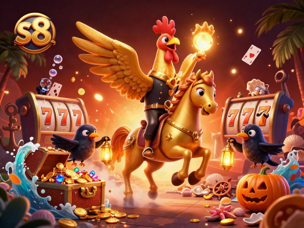 Win big with s8's dynamic casino experience featuring a golden rooster in action.