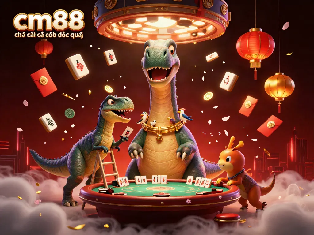 Engage with cm88 nhà cái cá cược độc quyền, featuring a whimsical casino scene with playful dinosaurs.