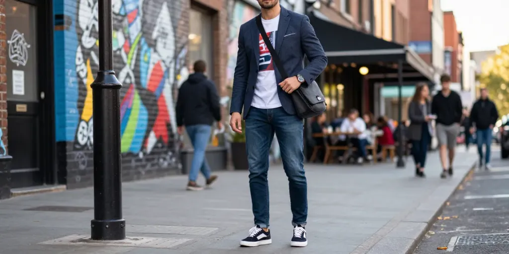 Modieuze man in strakke heren kleding online in een levendige stedelijke omgeving.