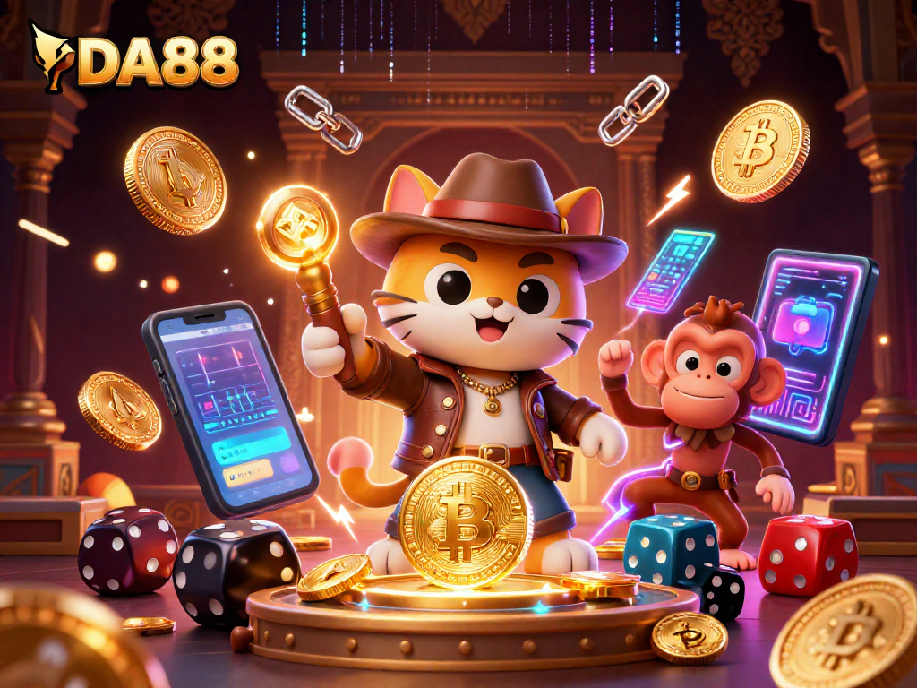 Experience thrilling moments at DA88 with a 3D explorer cat revealing casino treasures and crypto elements.