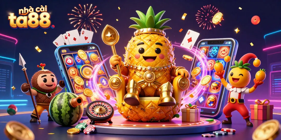 Engage with the festive scene of nhà cái ta88, featuring a lively golden pineapple king amidst a carnival of joyous gaming elements.