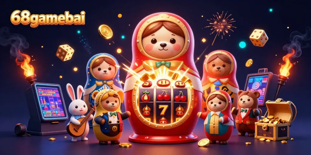 Experience thrilling wins with 68gamebai featuring a playful casino scene with bears and vibrant game elements.