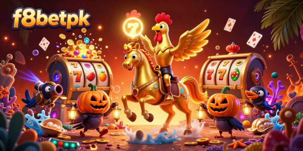 Engage with f8betpk's vibrant casino scene featuring a golden rooster and animated treasures.