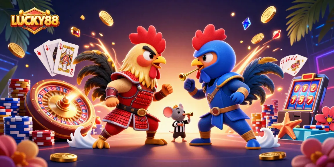 Engage with LUCKY88's thrilling gambling experience featuring iconic fighting roosters in an electrifying casino scene.