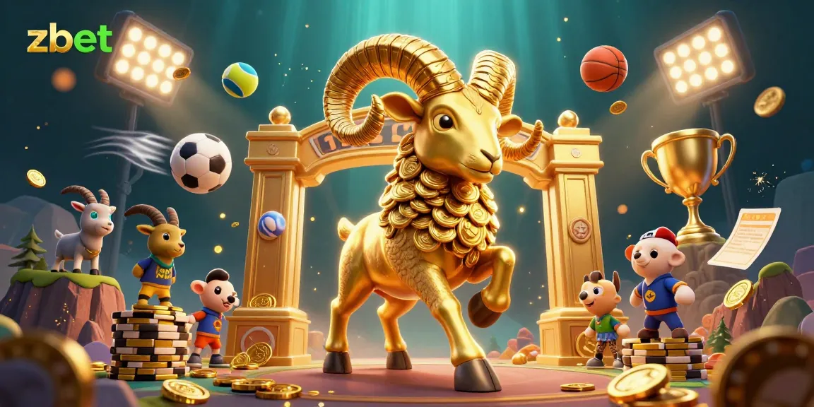 Zbet showcases a vibrant scene of a golden ram charging at a gate amidst dynamic sports elements.