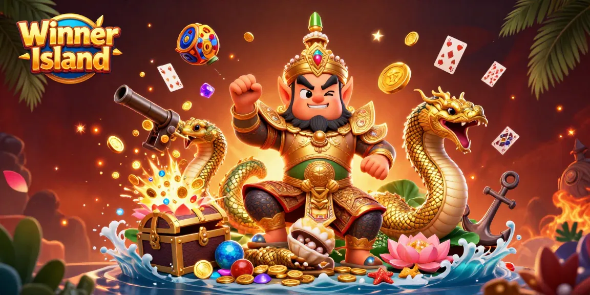 Experience the thrill of Winner Island with vibrant games and golden treasures in this engaging casino illustration.