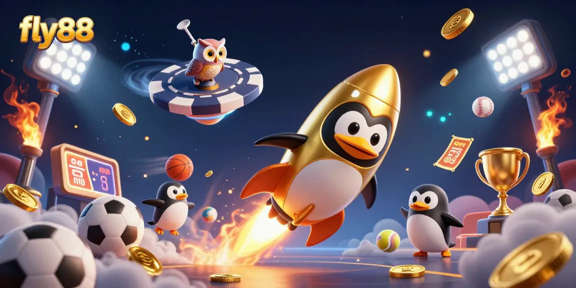 Experience thrilling gaming action with fly88, showcasing a golden penguin and casino elements.