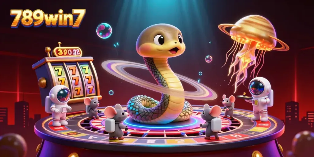 Experience the excitement of slots and betting with 789win7's vibrant cosmic game scene featuring playful astronaut mice.