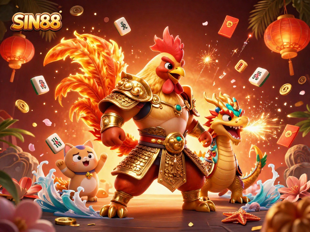 SIN88 theme illustration with a fighting rooster, armored dragon, and fortune cat amidst vibrant gaming elements.