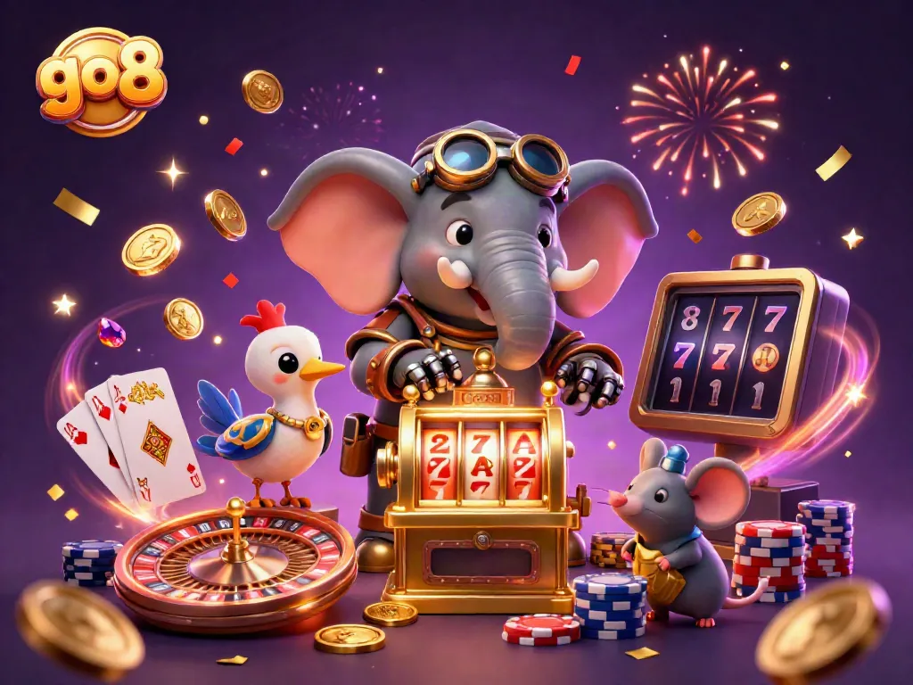 Experience exciting gameplay at go8 with a vibrant 3D casino illustration featuring engaging characters and game elements.