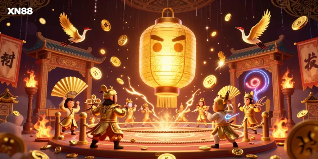 Experience the magical allure of XN88 casino with dynamic characters and golden details illuminating the night.
