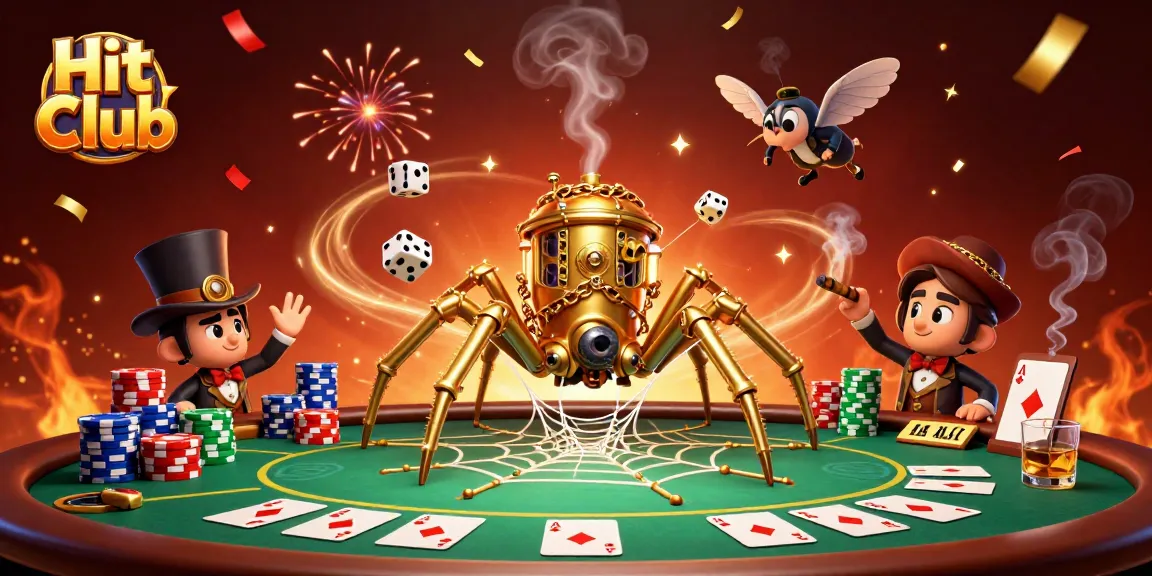 Experience thrilling gameplay at Hit Club, where golden webs and poker chips collide in a vibrant casino scene.