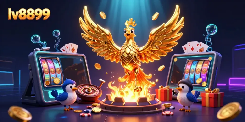 Experience the energy of lv8899 with a molten phoenix amidst vibrant casino elements.