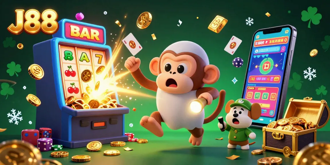 Experience the magic of J88 with a charming poltergeist monkey juggling winnings in a vibrant casino setting.