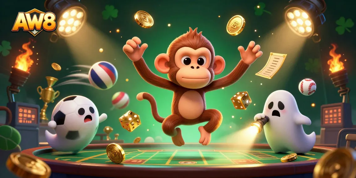Experience thrilling gaming with AW8 as a playful ghost monkey juggles casino treasures.