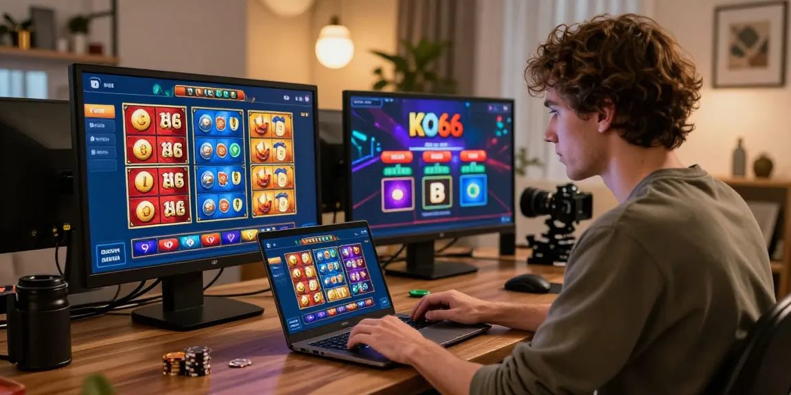 Engaged user on KO66 online betting site, enjoying vibrant gaming experience in stylish home environment.