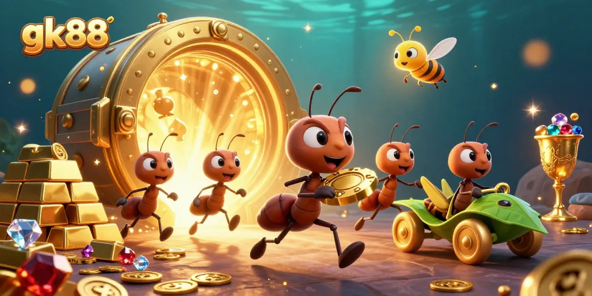 Experience thrilling gameplay at gk88 with a vibrant 3D casino heist illustration featuring dynamic characters and golden treasures.