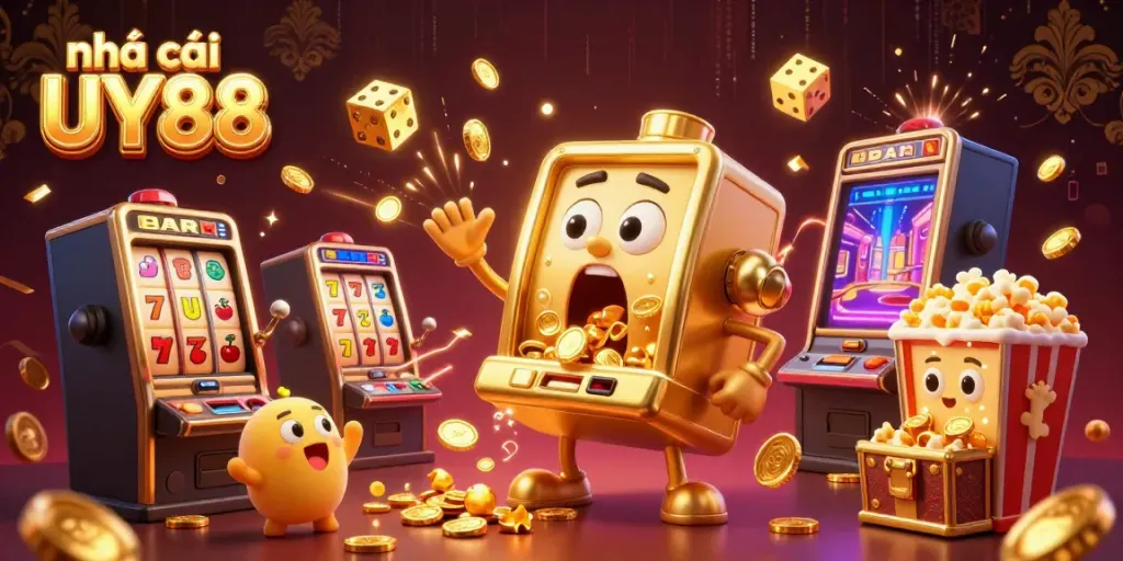Exciting scene showing nhà cái UY88's golden slot machine winning big with coins pouring out, accompanied by cheering baby slots.