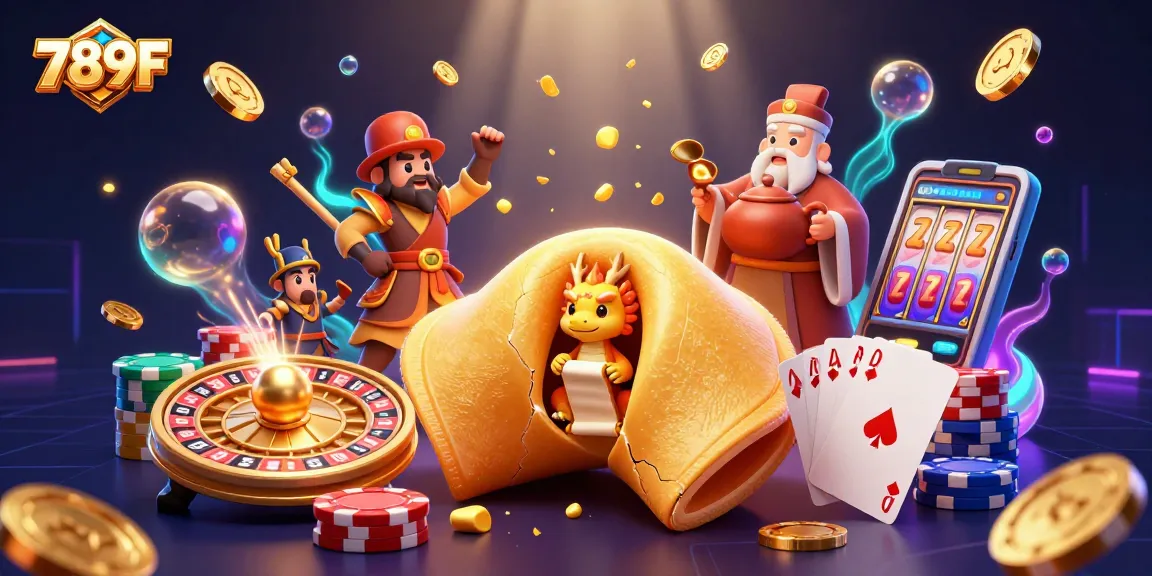 Engage in thrilling gameplay at 789F with a vibrant 3D casino scene filled with gold coins and cards.
