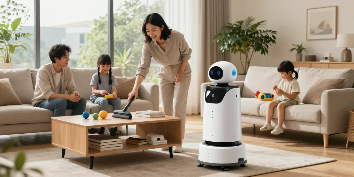 Home robot helping with chores in a stylish living room, showcasing modern technology and family life.