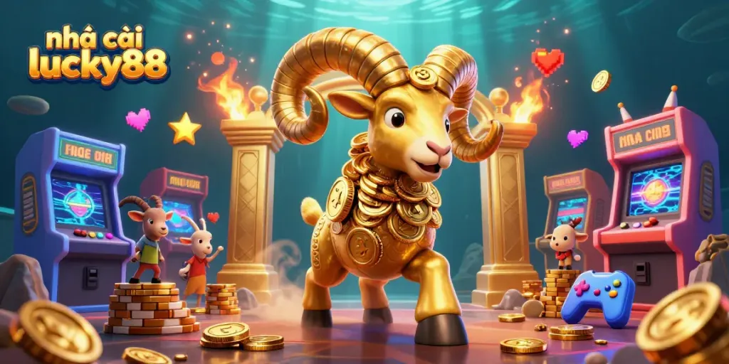 Engage with the house of nhà cái lucky88, featuring a golden ram charging through a vibrant casino scene.