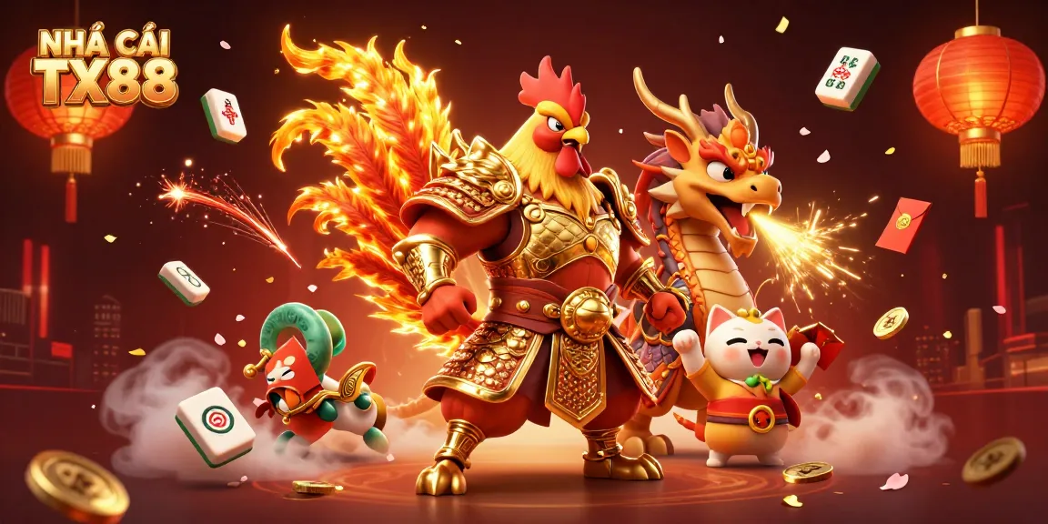 Engage in thrilling adventures with NHÀ CÁI TX88, featuring a rooster warrior and dragon in a dynamic casino scene.