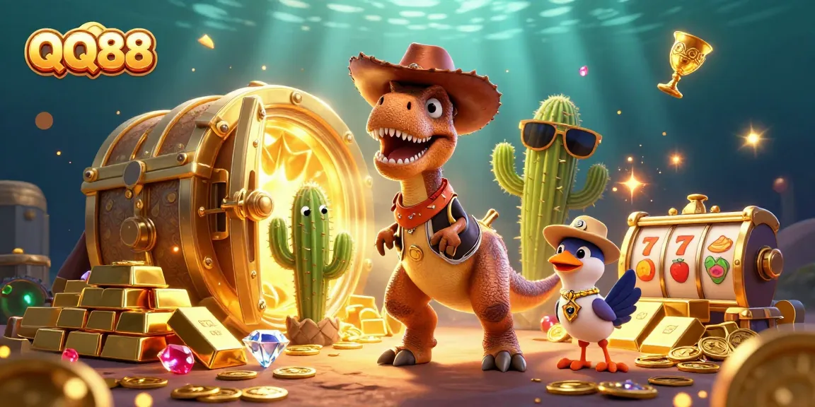 Engage with QQ88's vivid casino adventure featuring cartoon characters and dazzling treasures.